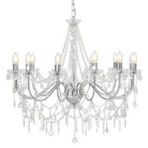 Silberner Kronleuchter mit Kristallperlen und 12 E14 Fassungen. Elegante Lampe für Wohn- und Gewerberäume.