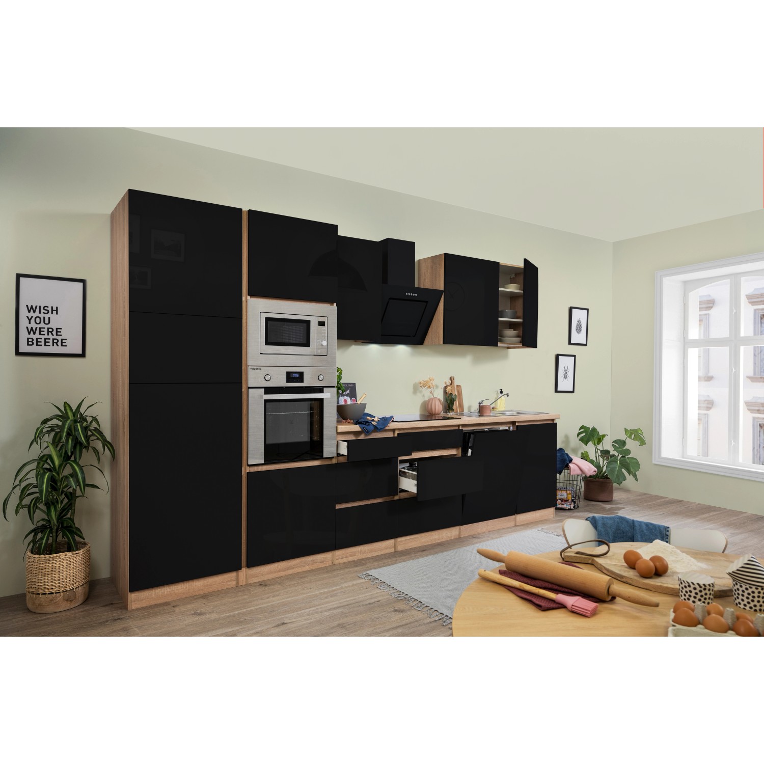 Respekta Premium Küchenzeile/Küchenblock Grifflos 345 cm Schwarz Hochglanz-Eiche Sägerau