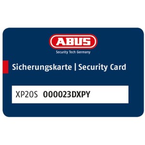 Abus XP20S Sicherungskarte für Türzylinder. Blaue Karte mit rotem Detail.