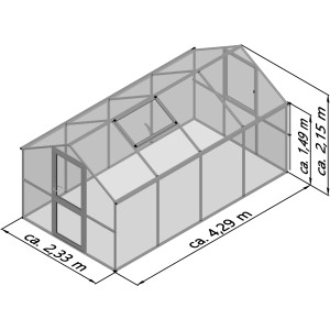KGT Gewächshaus Rose, anthrazitgrau, 10 m², mit Tür und Dachfenster, Maße: 215x233x429 cm.