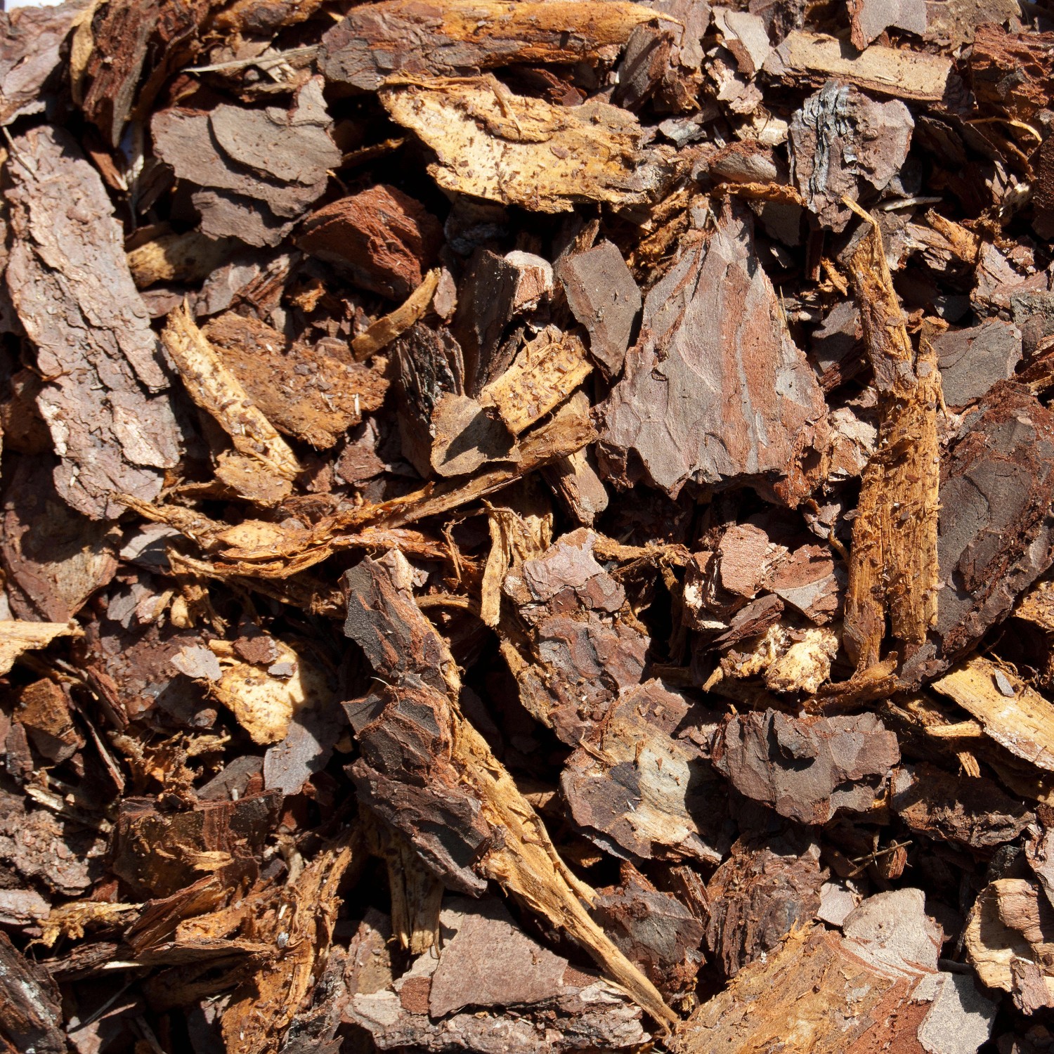 Nahaufnahme von Rindenmulch (0-40 mm) aus Nadelholzrinde, ideal für Beetabdeckung und Unkrautschutz.