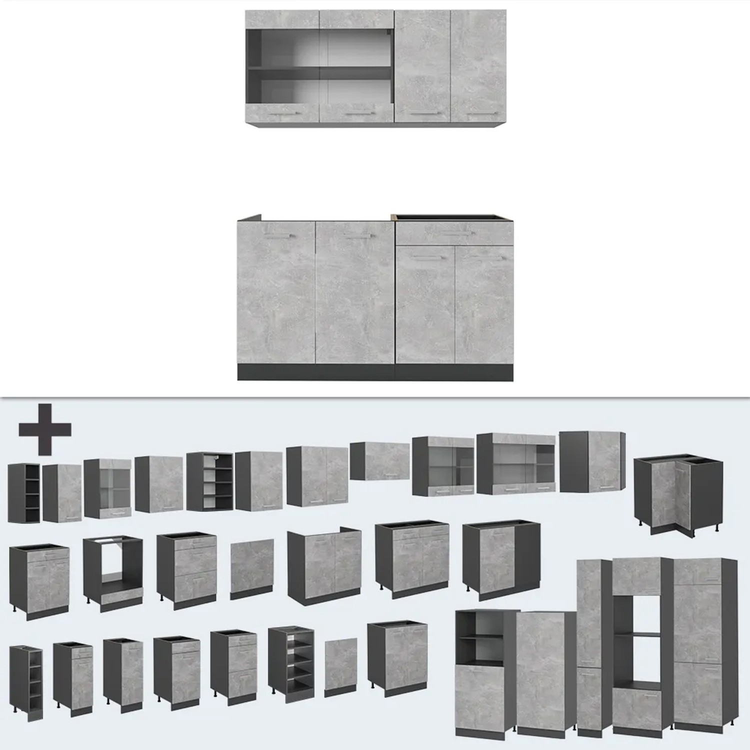 Vicco R-Line Singleküche 140 cm in Beton/Anthrazit, Küchenzeile ohne Arbeitsplatte, verschiedene Module.