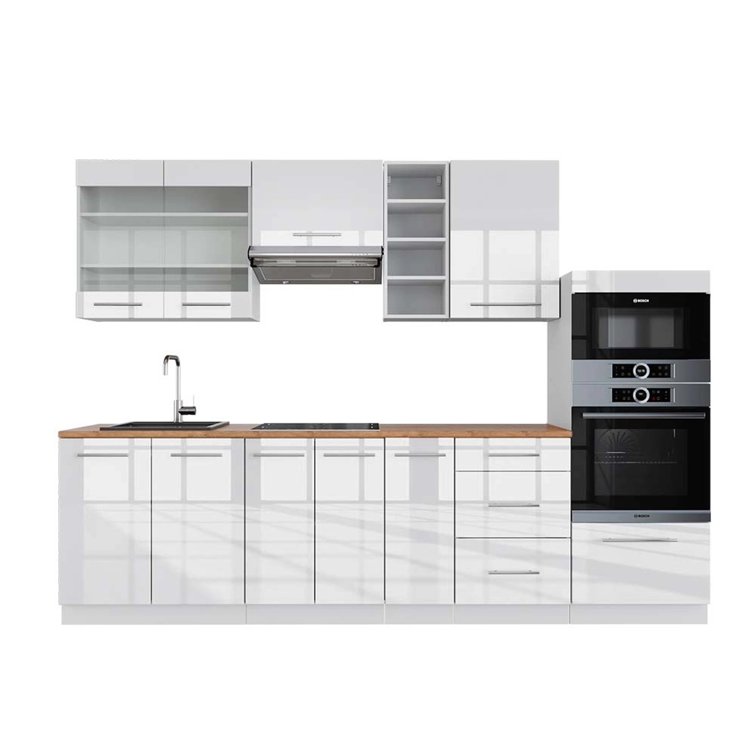 Vicco Fame-Line Küchenzeile Weiß Hochglanz/Weiß 280 cm AP Eiche günstig online kaufen