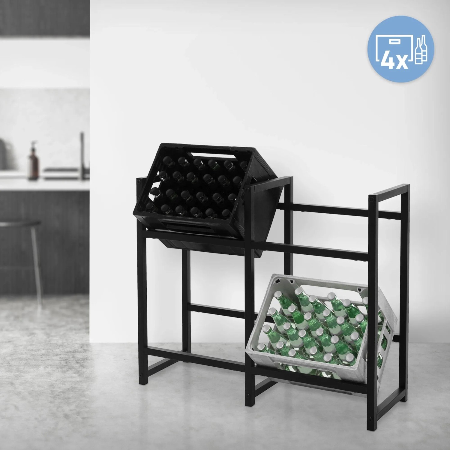ML-Design Getränkekistenregal für 4 Kisten aus Stahl, freistehend im modernen Design.