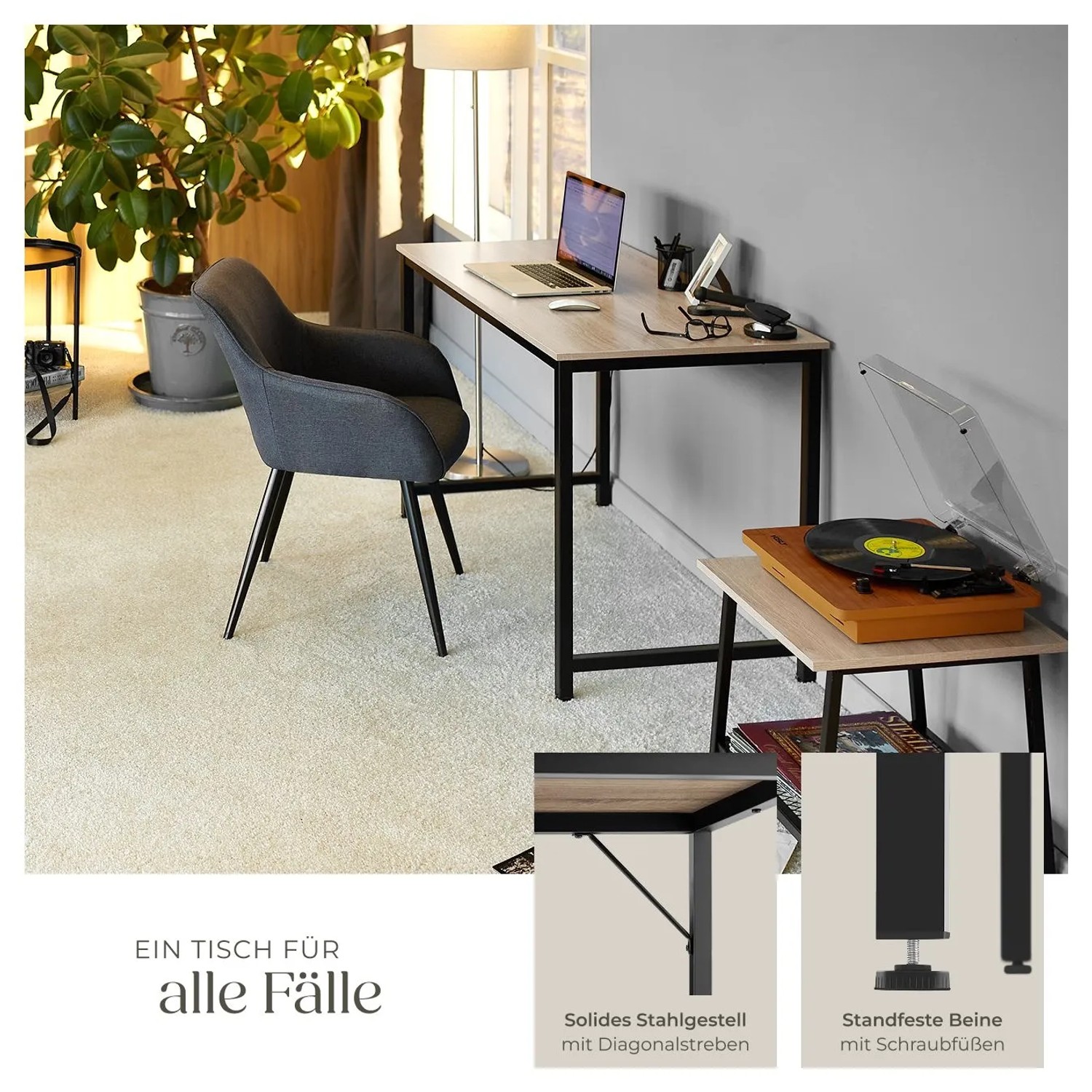 Tectake Schreibtisch Jenkins im Industrial Style mit Holzplatte in Eiche Sonoma und schwarzem Stahlgestell.
