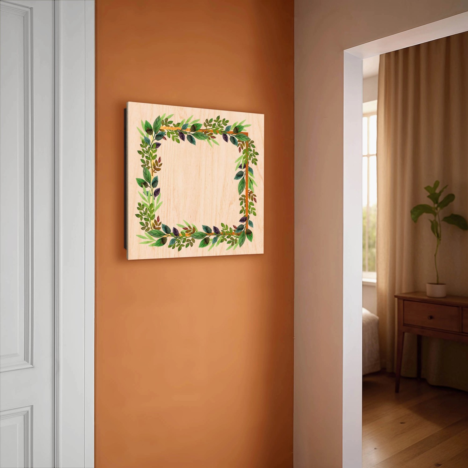 Banjado Schlüsselkasten aus Holz, 30x30cm, mit Blätterrahmen-Motiv und 50 Haken zur Schlüsselaufbewahrung.