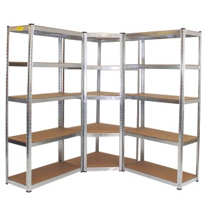 TRUTZHOLM Regalsystem, 3-teilig: Eckregal und 2 Schwerlastregale aus verzinktem Stahl mit MDF-Böden.