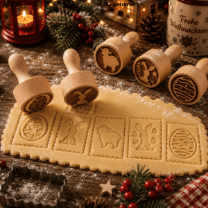 5er Set Holz Teigstempel mit Ostermotiven (Hase, Schaf, Eier) prägen Keksteig. Ideal für Backen & Basteln in der Küche.