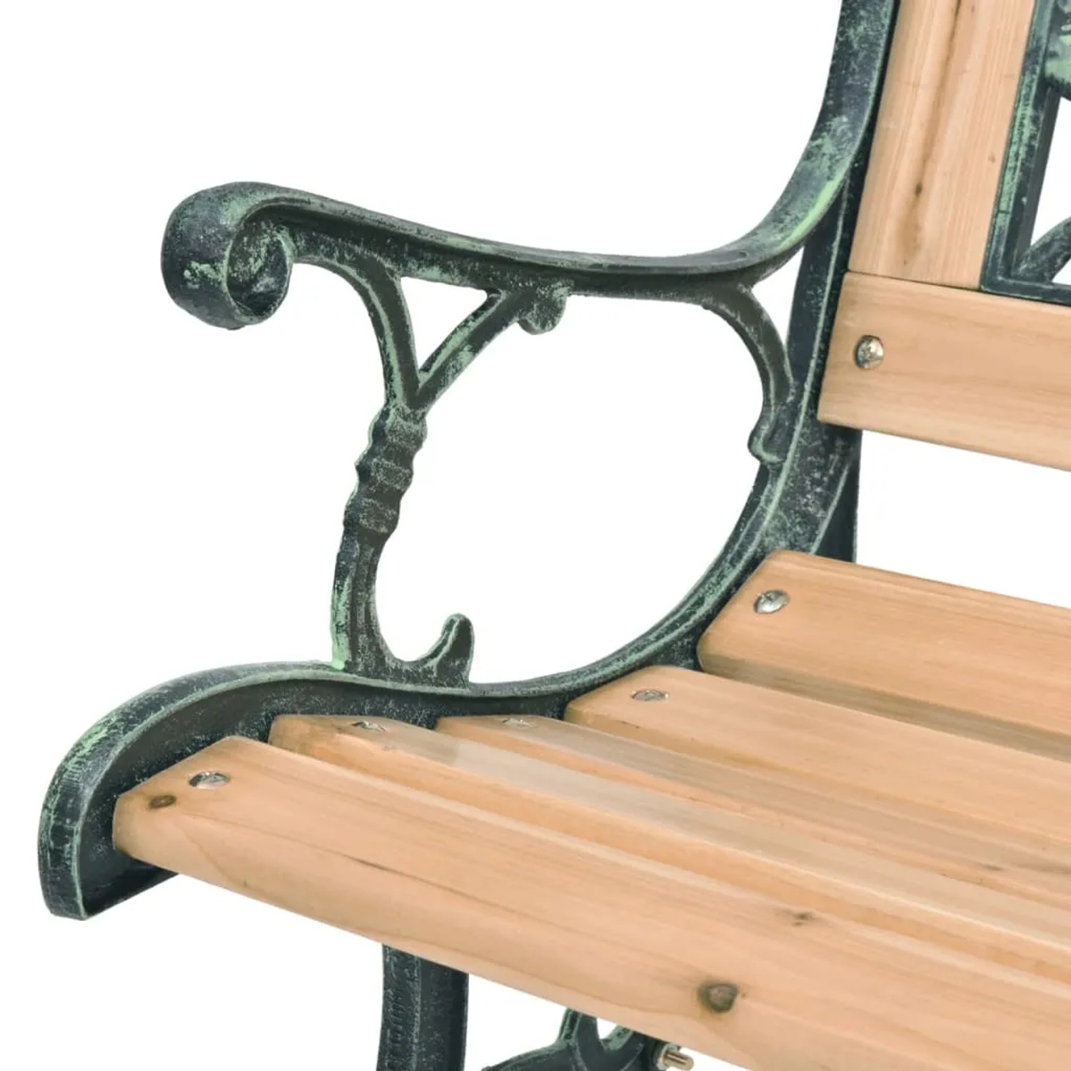 Detailansicht: VidaXL Gartenbank aus Holz mit Armlehne aus Schmiedeeisen.