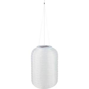Weiße Solar-Laterne (Ø 20 cm) aus Textil mit LED, hängend.