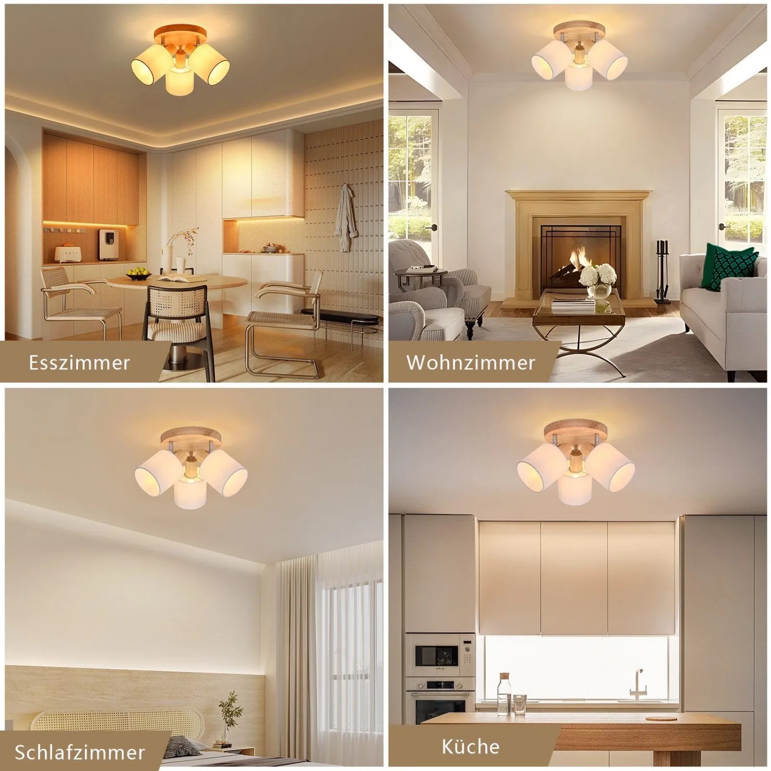 NETTLIFE Deckenstrahler 3-flammig, Textil weiß, Holzoptik. Köpfe dreh- & schwenkbar. Ideal für Wohnzimmer, Küche.