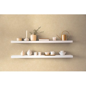 A.S. Creation Vliestapete Uni Struktur in Grau-Beige an Wand mit weißen Regalen.