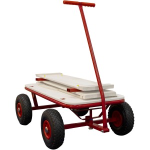 Roter Sunny Bollerwagen Billy Beach Wagon mit Holzplatten und Luftreifen.