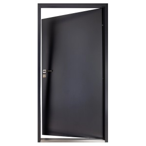 Geöffnete, anthrazitfarbene Pordo Stahl-Nebeneingangstür G1, 98x198 cm, Anschlag links.