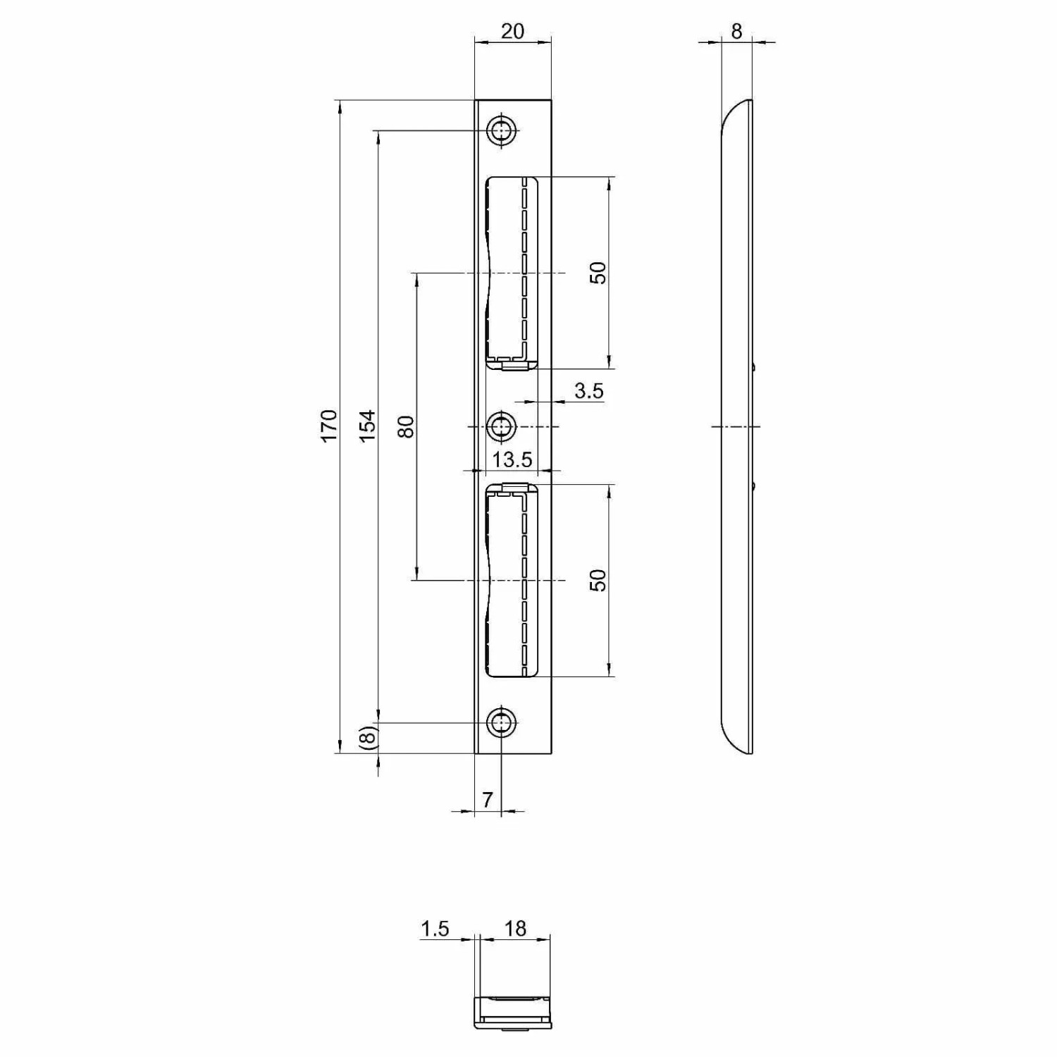 Technische Zeichnung: SOTECH BKS Winkel Schließblech S411, Stahl, 170x20x8mm, DIN Links/Rechts
