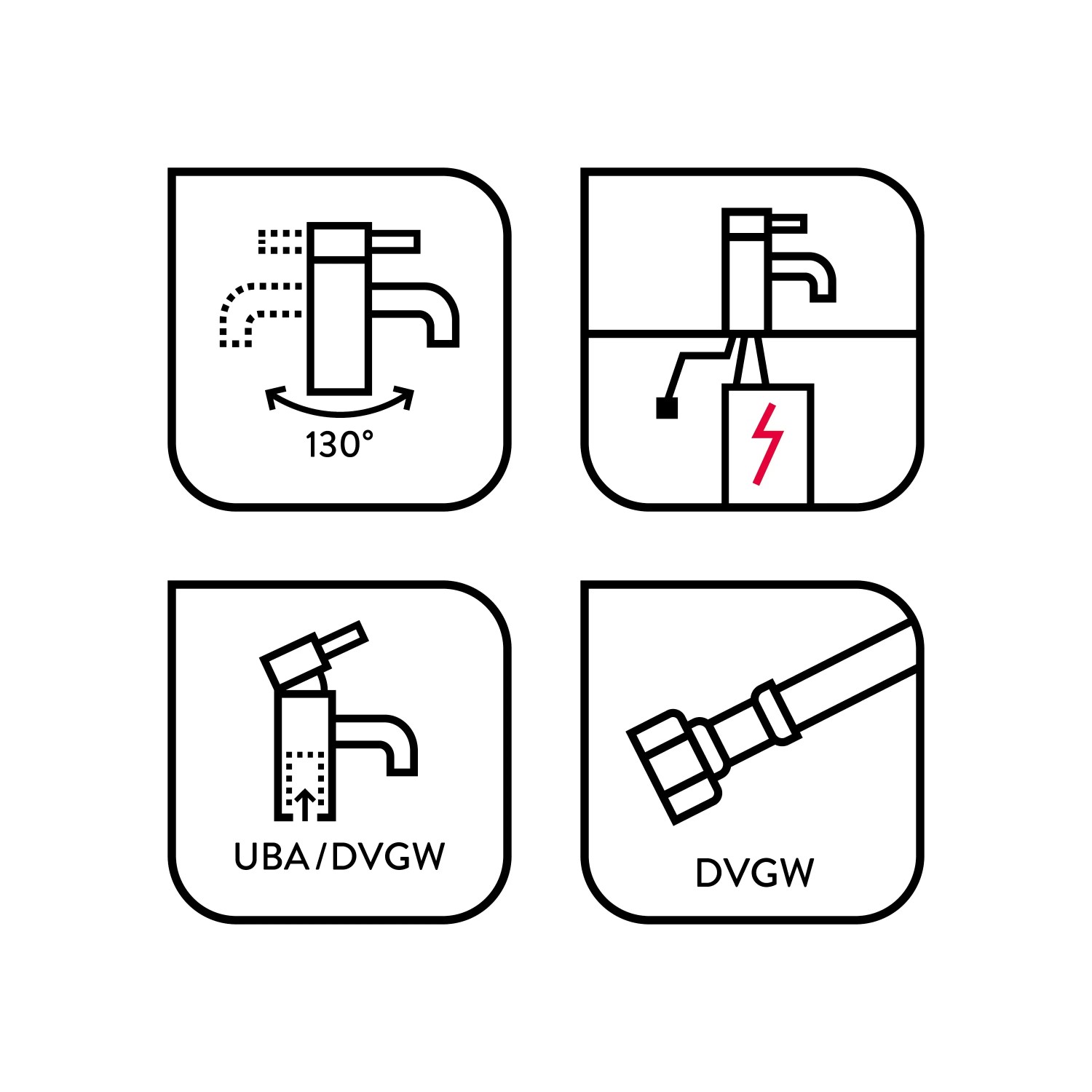 Icons der baliv Niederdruck-Küchenarmatur KI-5170 N Chrom: Schwenkbereich, Niederdruck, UBA/DVGW-Zertifizierung, DVGW.