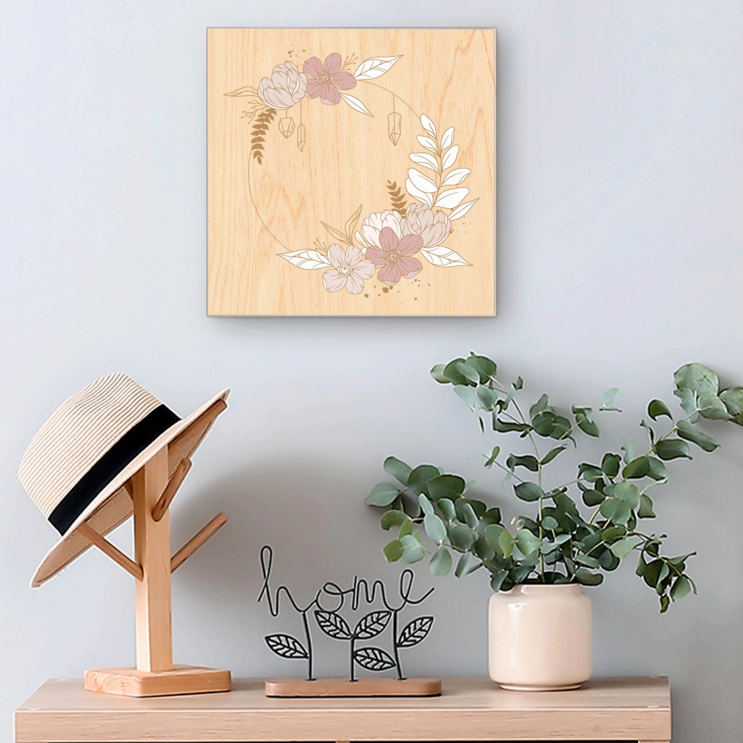 Banjado Schlüsselbox mit floralem Kranz Motiv auf Holzfront, weiße Schlüsselkasten mit 50 Haken.