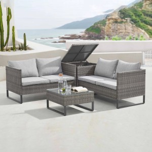Graue Svita Kansas Rattanlounge Gartenmöbel Set mit Sofa, Tisch und Kissenbox.