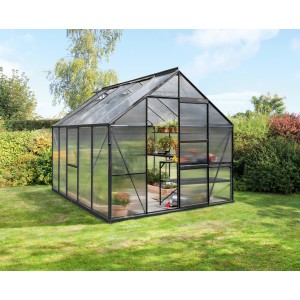 Schwarzes Vitavia Gewächshaus Meridian 1 8300 mit Hohlkammerplatten im Garten.