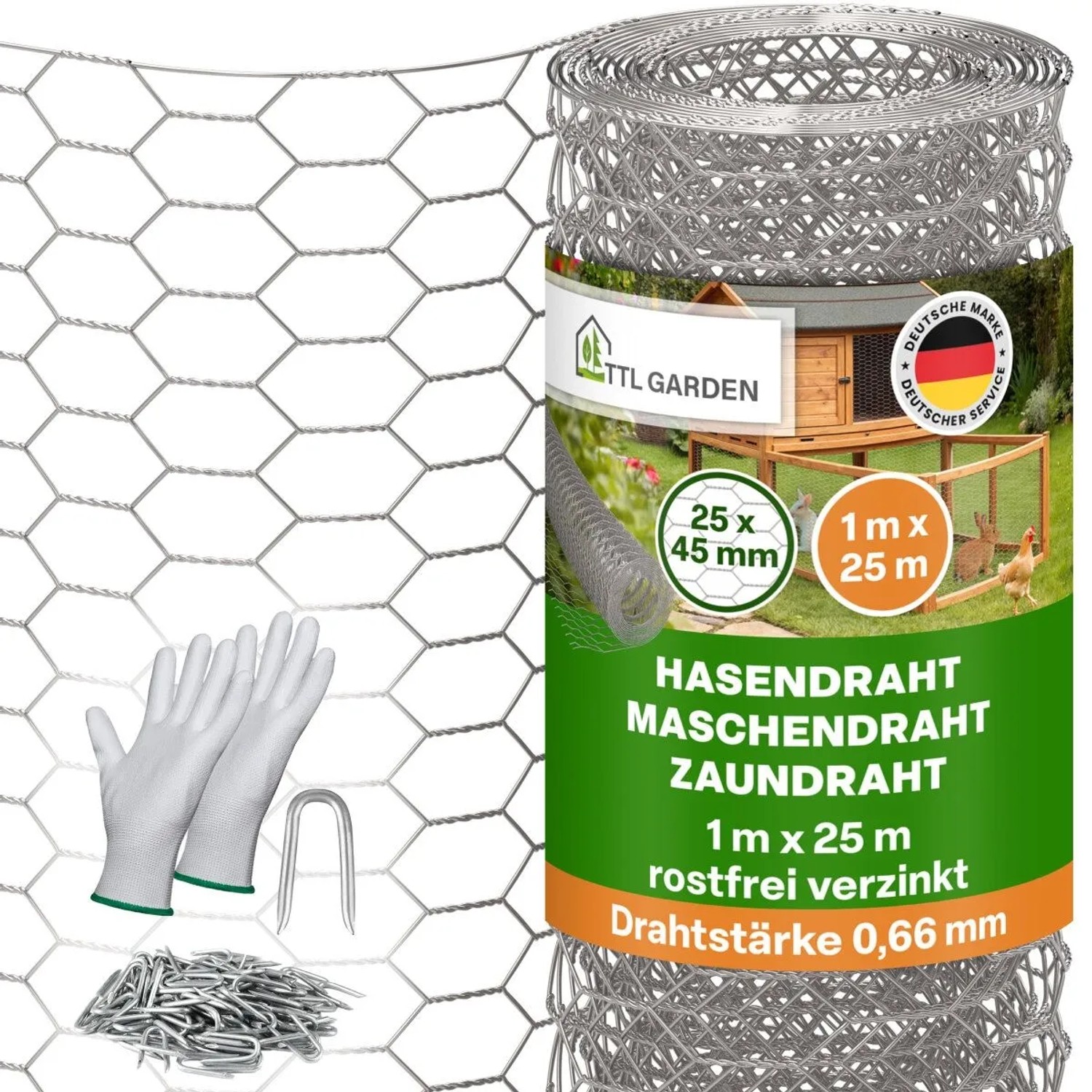 TTL GARDEN Hasendraht 1m x 25m 25x45mm Masche Ø0,66mm Verzinkt Drahtgitter Rolle mit 100 Krampen & Handschuhen für Zaun ...