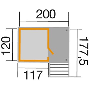 Skizze des Tabaluga Abenteuerhaus Lotti mit Treppe und Terrasse, Maße: 214,5 x 223,5 cm.