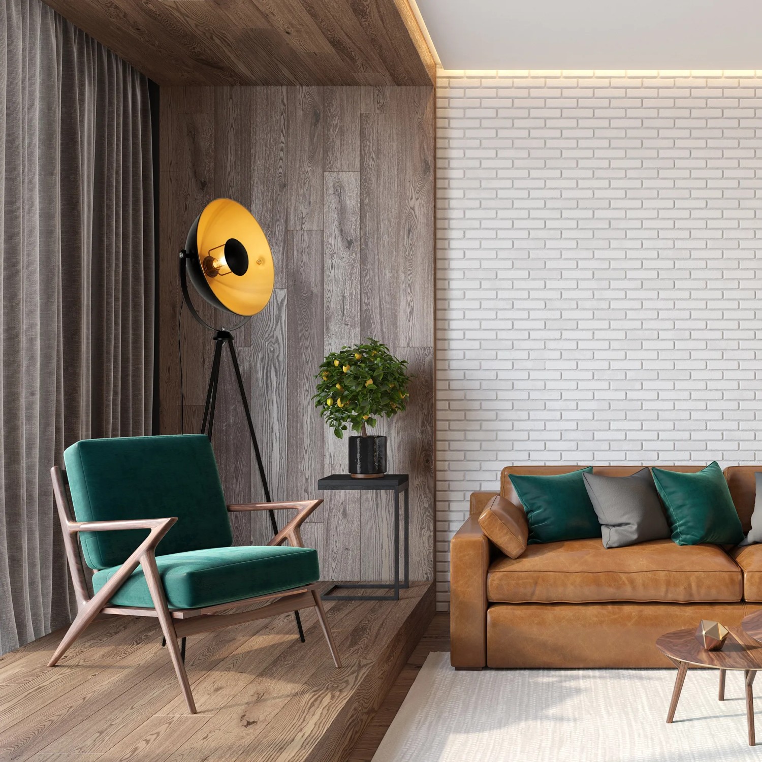 Schwarze Brilo Stehleuchte im Vintage-Design mit goldenem Schirm und Fußschalter.