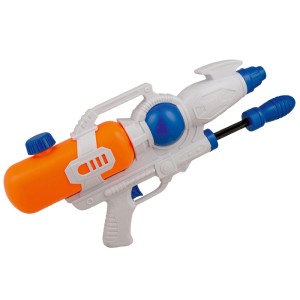 Happy People Wasserkanone Air-Pressure, orange-weiße Wasserspritze mit blauem Griff.