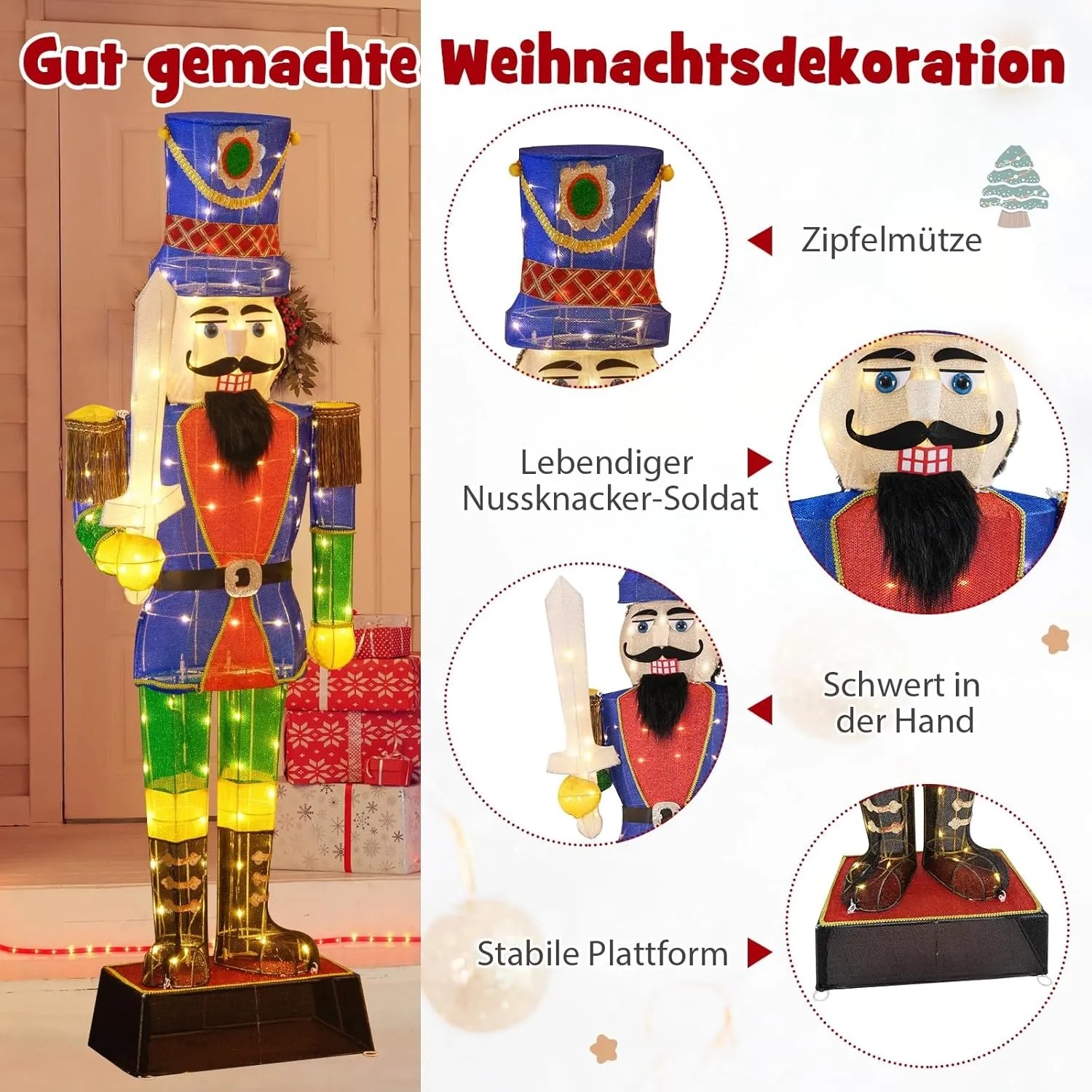 Großer, beleuchteter Costway Nussknacker mit Schwert, 184 cm, als Weihnachtsdeko für den Außenbereich.