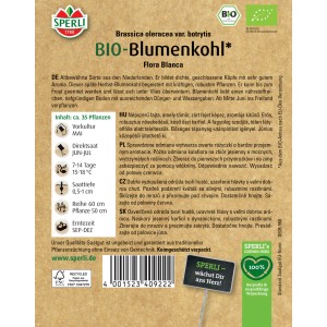 Sperli Bio Blumenkohl Samenpackung mit weißem Blumenkohl auf der Vorderseite.