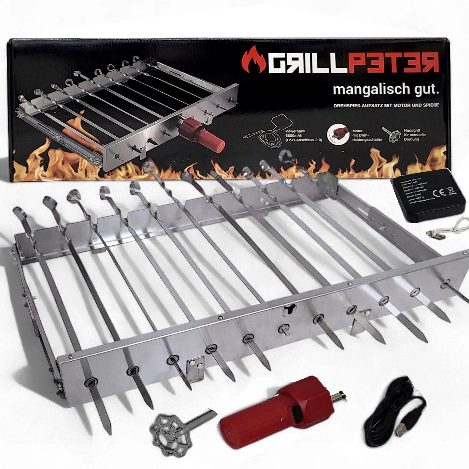 Grillpeter Mangal Edelstahl Schaschlickgrill Set mit 11 Spießen, Motor und Powerbank.