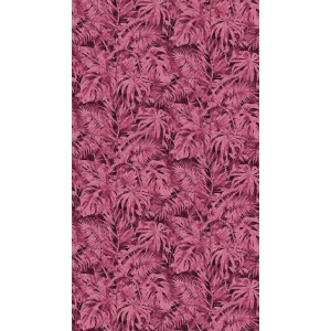 Fototapete mit pink-magenta Palmenmuster im Used Look. Heißgeprägte Vliestapete mit tropischem Design für Wohnräume.