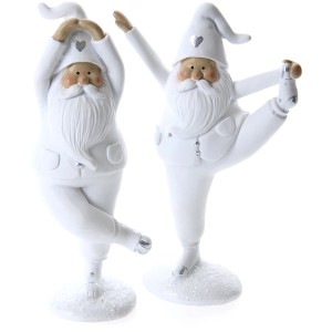 Zwei weiße Yoga Santa Weihnachtsfiguren, 18 cm, als festliche Dekoration.