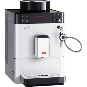 Melitta Caffeo Passione Kaffeevollautomat in Silber, mit Milchaufschäumer und Aromasafe-Bohnenbehälter.