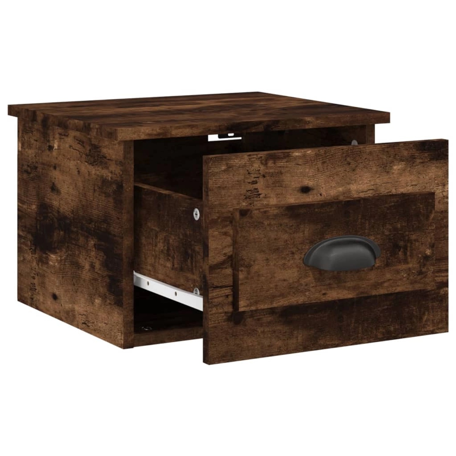 vidaXL Wand-Nachttisch (2 Stk.) in Räuchereiche mit offener Schublade.