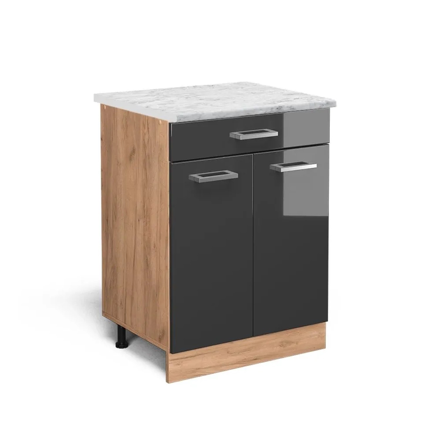 Vicco Küchenschrank R-Line Schubladenschrank für die Küche Anthrazit Hochglanz 60 cm AP Marmor mit Goldkraft Eiche Korpus Opt2