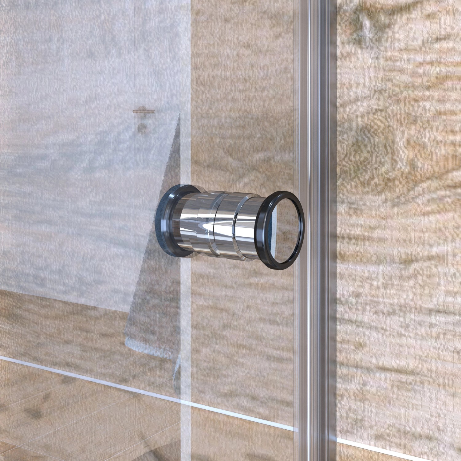 Detailaufnahme: Chromfarbener Magnetgriff an Dusch-Nischentür Brava Frame.