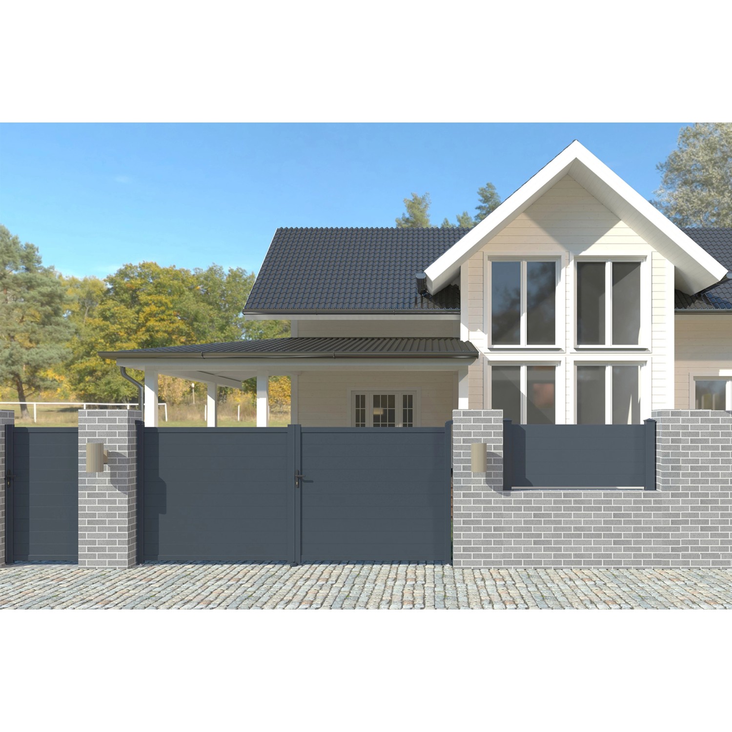 Elektrisches Flügeltor Casanoov Eiger, 3 m breit, grau, mit Drehtorantrieb vor Hausfassade.