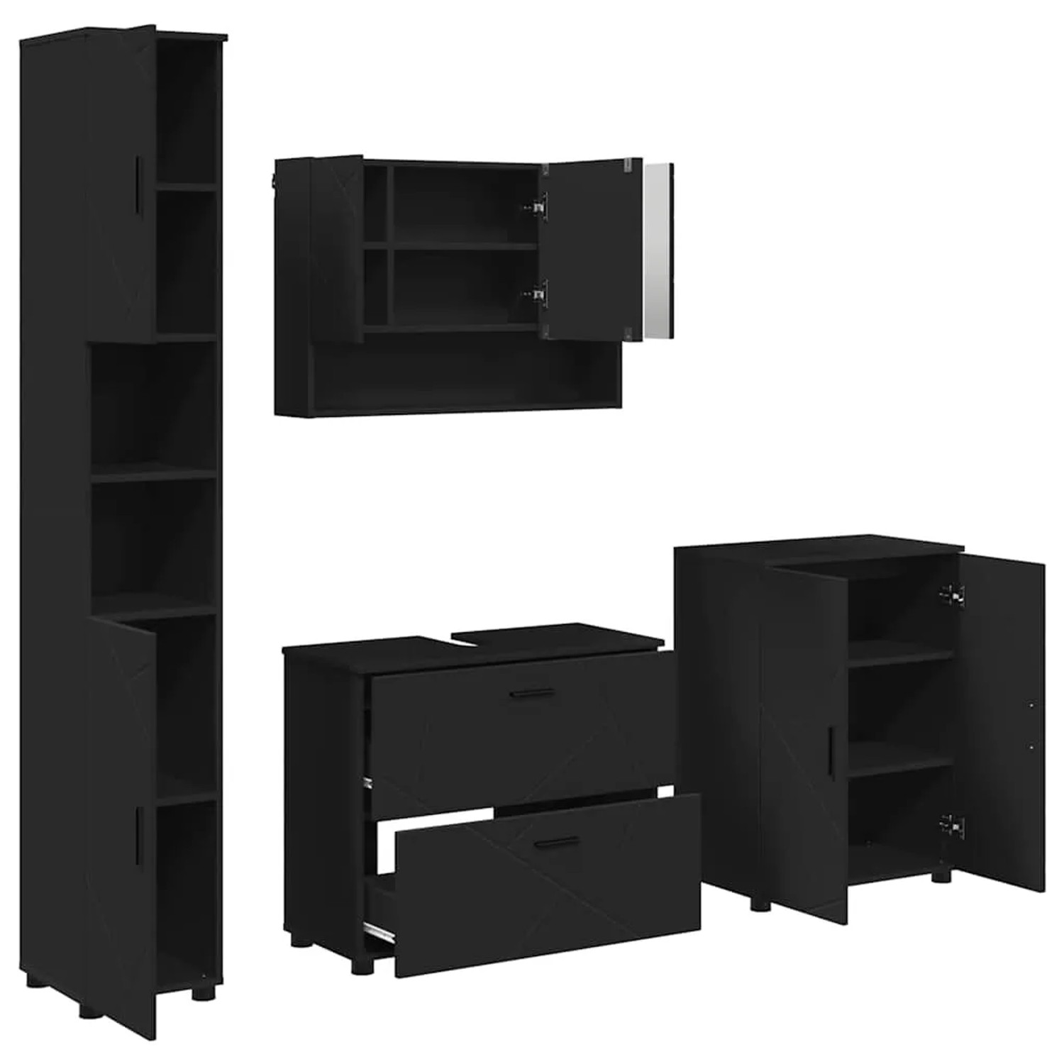 vidaXL Badezimmermöbel-Set mit Tür 4-Tlg Schwarz Sperrholz und Metall 3393084