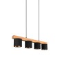 Moderne, 4-flammige Pendelleuchte Cameron mit Holz-Balken und schwarz-goldenen Stoffschirmen.