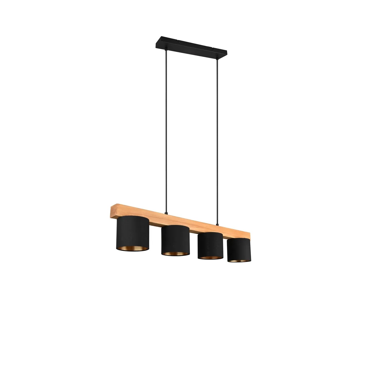 Moderne, 4-flammige Pendelleuchte Cameron mit Holz-Balken und schwarz-goldenen Stoffschirmen.