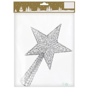 Silberne Baumspitze Stern mit Glitter, festlicher Weihnachtsbaumschmuck.