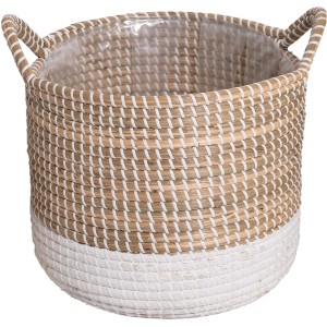 Weißer Korb aus Seegras, 35x35x32 cm, mit zwei Henkeln, für Übertöpfe und Pflanzen.