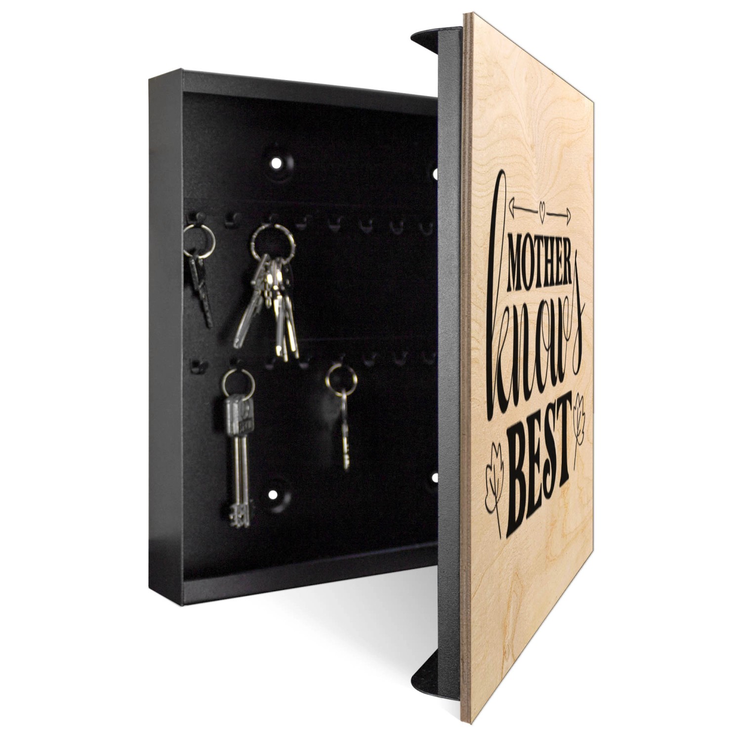 Offener Banjado Schlüsselkasten aus Holz, 30x30cm, schwarz, mit Motiv "Mutter Weisheit" und 50 Haken.