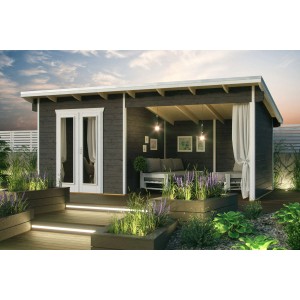 Schiefergraues Holz-Gartenhaus Texel 13,8 m² mit Anbau und Terrasse.