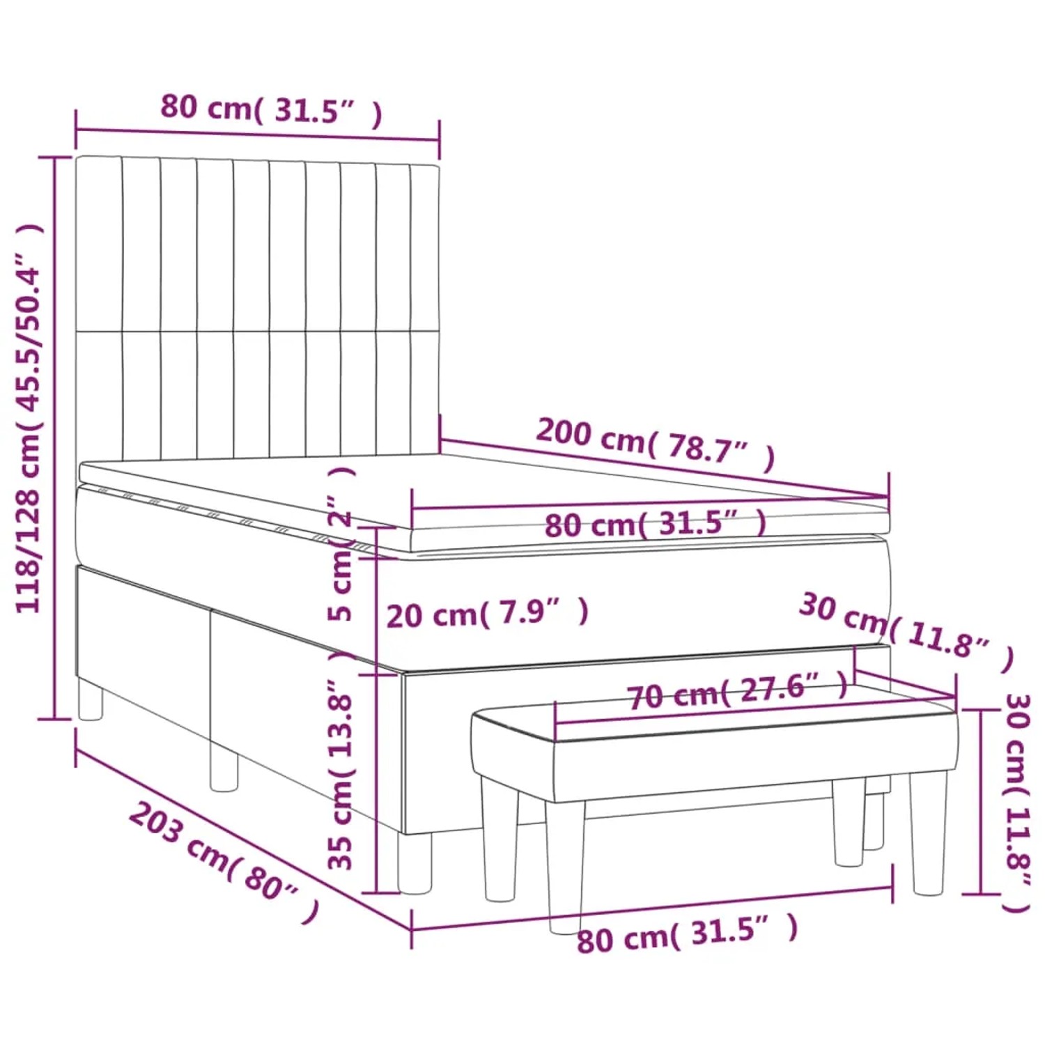 Blaues Boxspringbett 80x200 cm mit Matratze und Bank. Bett mit hohem Kopfteil.
