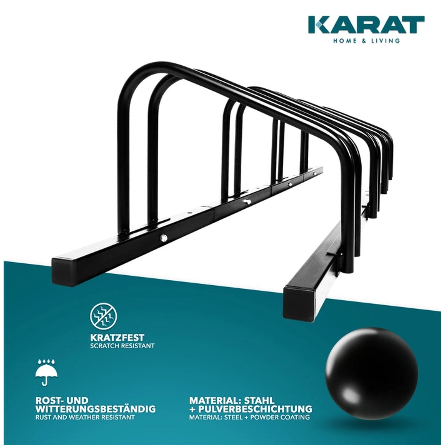 Schwarzer KARAT Fahrradständer Linus für 5 Fahrräder, zur Boden- oder Wandmontage.