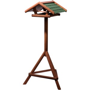 Vogelhaus aus Nadelholz mit Ständer und grünem Bitumendach.