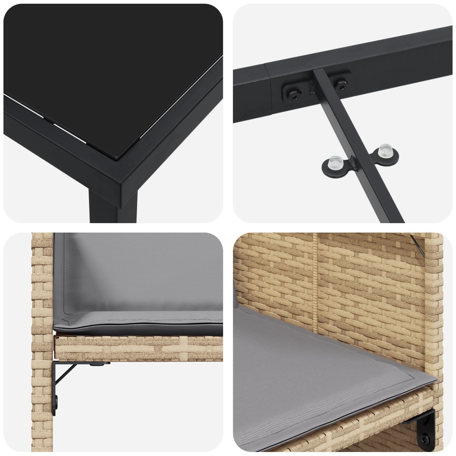 Detailansicht vidaXL Garten-Ess-Set, beige Poly Rattan, Tischplatte, Gestell, Sitz mit Kissen.