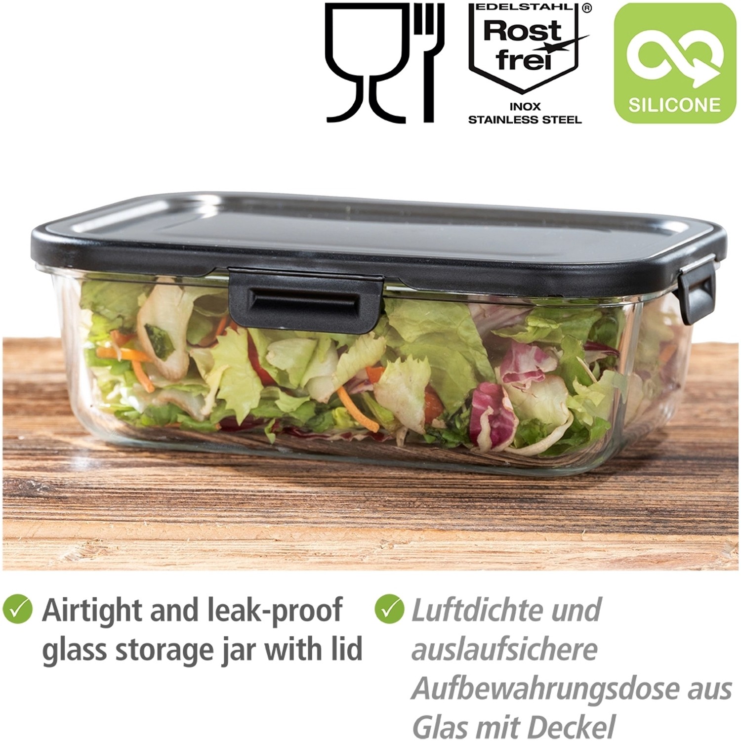 Wenko Glas Frischhaltedose Steel Black Outdoor Kitchen 1,5l mit Salat.