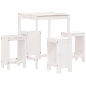Weißes 5-tlg. Gartenbar-Set aus Kiefernholz mit Tisch und vier Hockern.